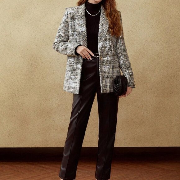 MULTICOLOR PREPPY WOMENS PLAID SEQUIN BLAZER - Picture 7 of 8